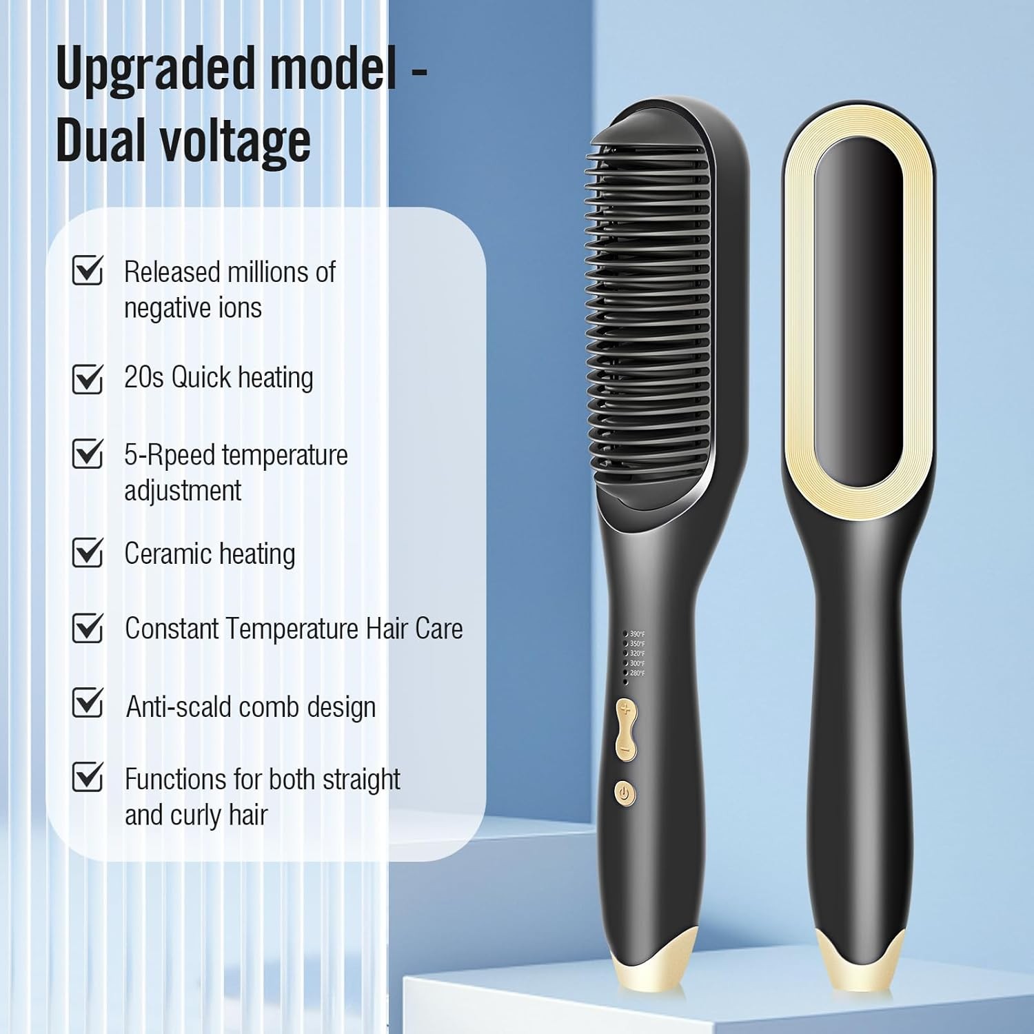 Hair Straightener Brush-Ionic Hair 5 Temp Fast Heat Comb Anti-Scald Auto-Shut of