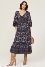 Nwt Sea New York Navy ‘noah’ Smocked Long Sleeve Floral Bird Midi Dress, Size 0