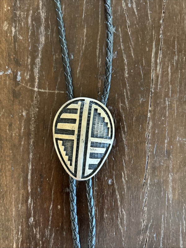 Vintage Signed Hopi Overlay Sterling Bolo With Nice Sterling Tips