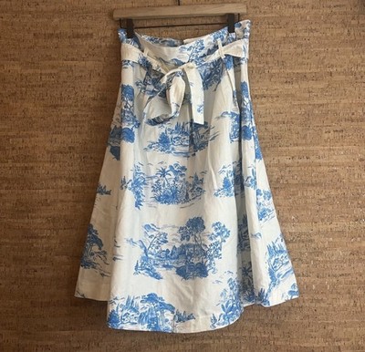 Ann Taylor Loft Blue White Toile Cotton Printed Pleated Midi ALine Skirt