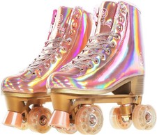 JajaHoho Roller Skates for Women, Holographic High Top PU US 2, Rose Gold