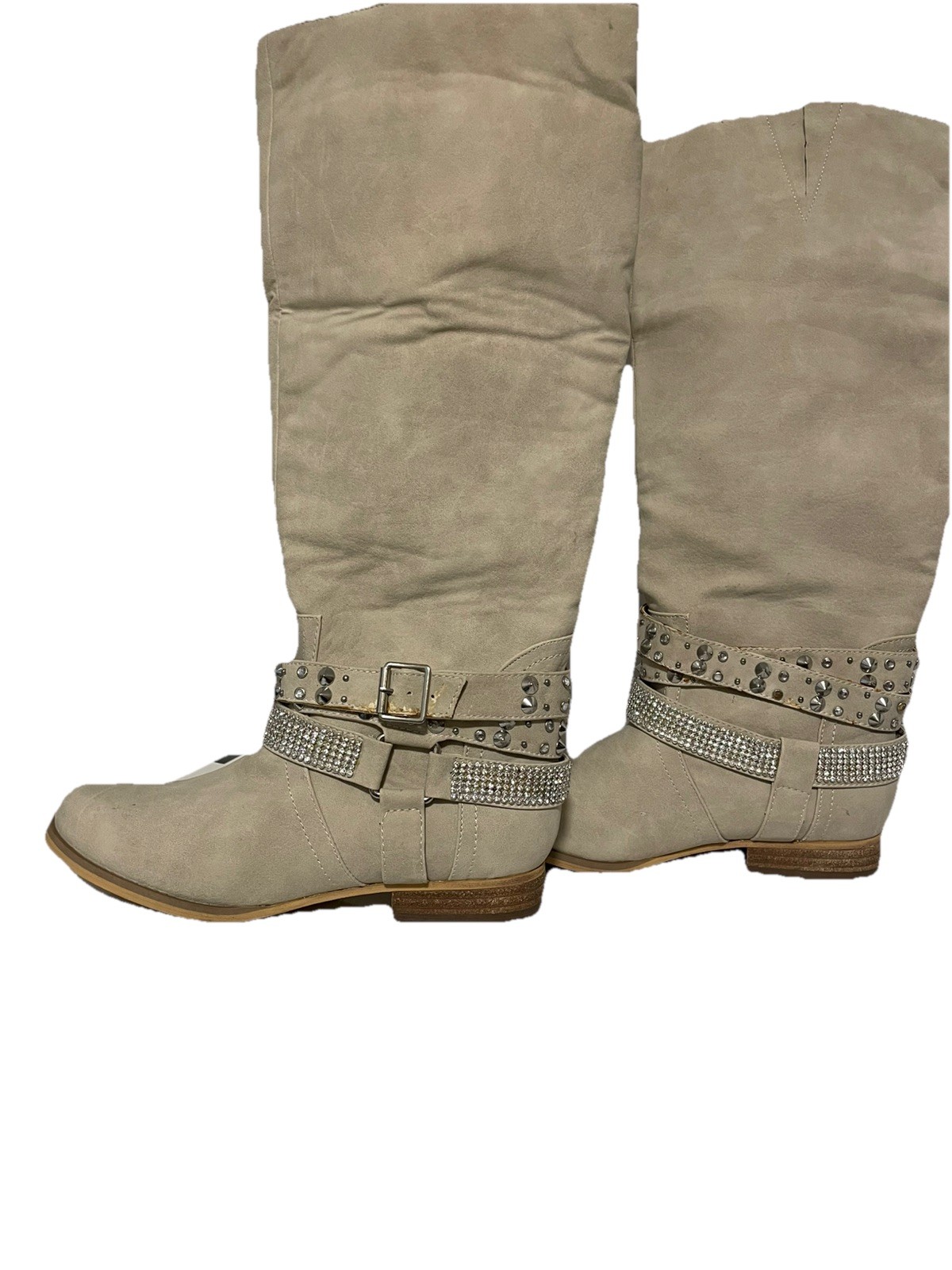 Not Rated Bling Boots Tall Womans Size 8 1/2 Studs Rhinestones Cream Faux Suede 