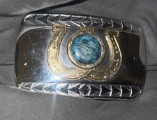 Vintage Belt Buckle Turquoise  Double Horseshoe Gold  Silver