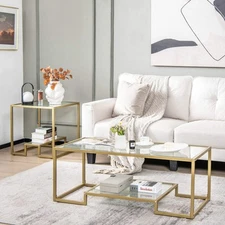 NNECW Modern 2-Tier Coffee Table with Golden Metal Frame for Living Room