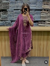 Women Embroidered Kurta Pant Dupatta Set, Indian Cotton Salwar Suit, Ethnic
