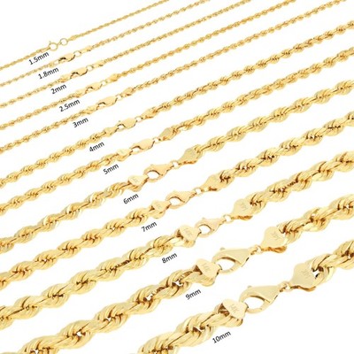 14K Yellow Gold 1mm-5mm D/C Rope Chain Link Necklace Bracelet Mens Women 7''- 30''