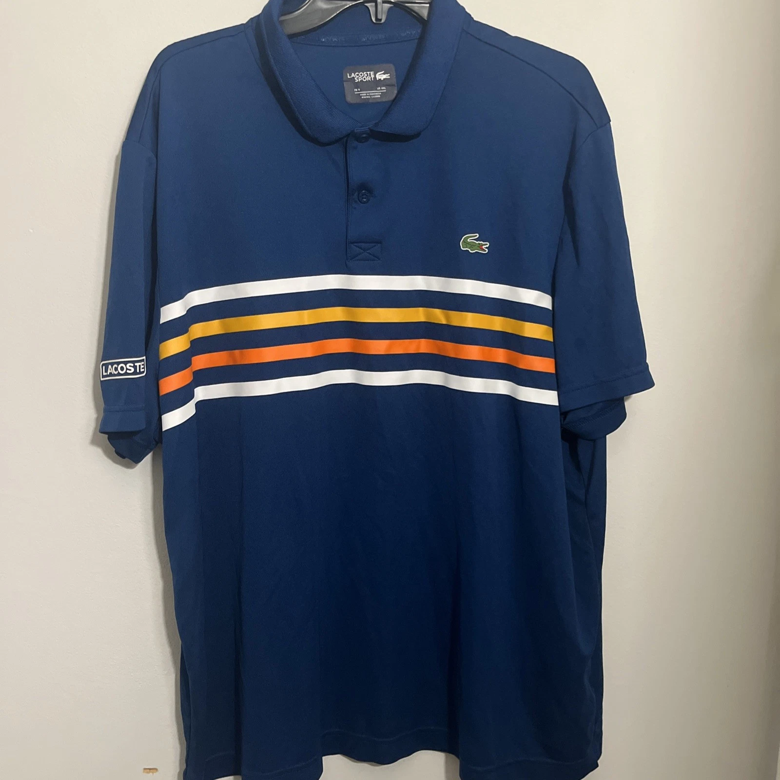 Lacoste Sport Polo Shirt Mens 4XL (9) Blue Striped Golf Ultra Dry Performance