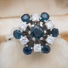 Size 57 - Vintage Sapphire & Diamond 0.42ct. White Gold 585/14K Flower Shape Ring