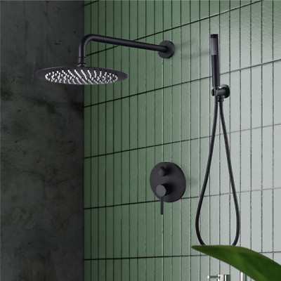Shower System Faucet Set Wall-Mounted 10'' Black Shower Head w/Handheld Shower