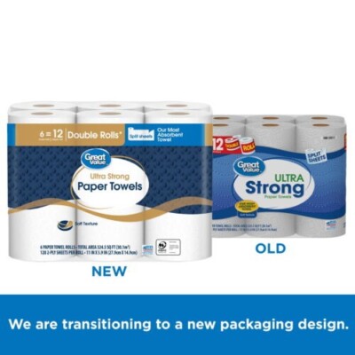 (4 pack) Great Value Ultra Strong Paper Towels, Split Sheets, 6 Double Rolls