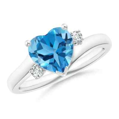 Angara Heart 2.1Ct Swiss Blue Topaz Ring with Diamonds in 14K Solid Gold (8MM)