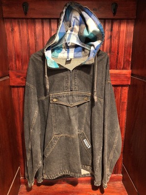 red hooded denim jacket