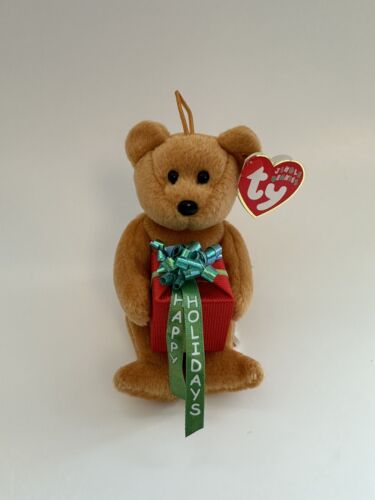 TY Jingle Beanie « Gifts » the Holiday Bear Retired Vintage MWMT (4 pouces) - Photo 1/3