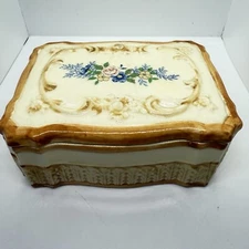 MARUHON WARE TRINKET JEWELRY BOX Vintage Blue Flowers JAPAN Hand Painted