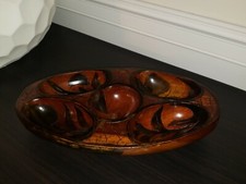 Hand Carved Wooden Wood Bowl w/ 5 Divided Compartments Floral Design