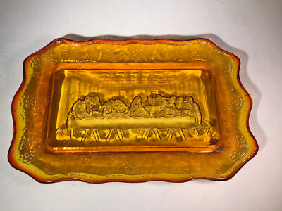 Vintage The Last Supper Plate Tiara Glass Amber Bread Platter Dish 11 X 7 Easter
