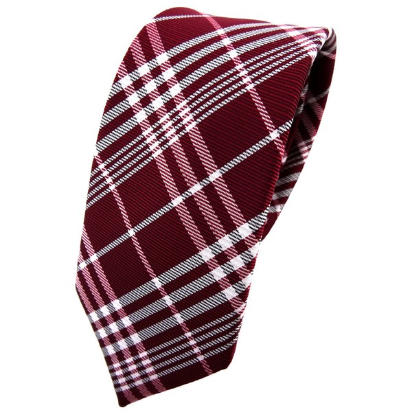 Schmale Tigertie Krawatte Rot Bordeaux Weinrot Silber Grau Kariert - Binder Tie-image