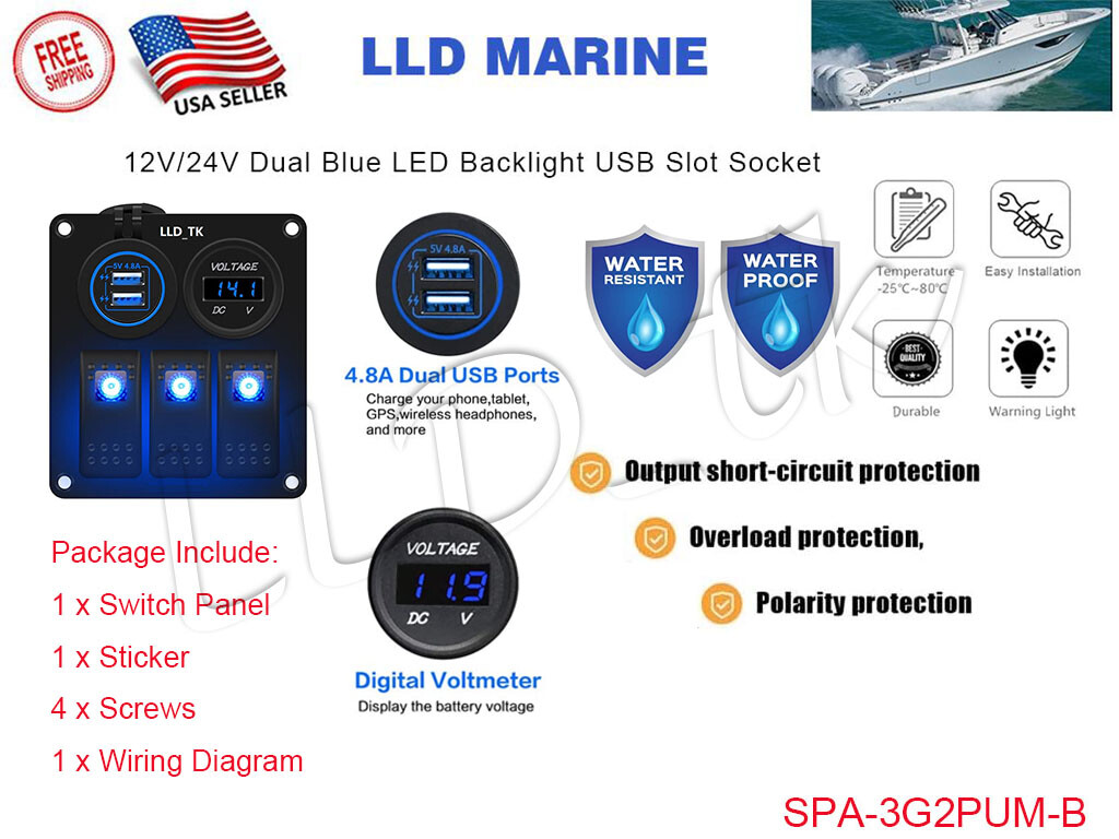 5 Gang Green LED Light Toggle Switch Panel Voltmeter USB Car Boat Marine Truck E - Foto 2