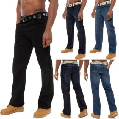 Enzo Mens Straight Leg Jeans Belted Regular Fit Denim Trousers Pants All Waists