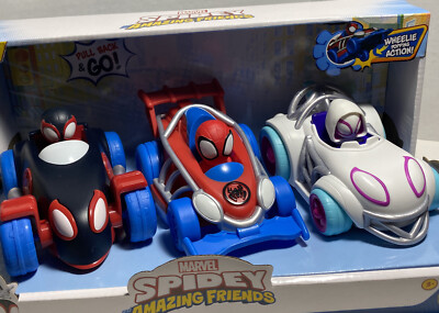Spidey, Ghost Spider, Miles Morales,  Webbed Wheelies 3 Pack Cars New Marvel