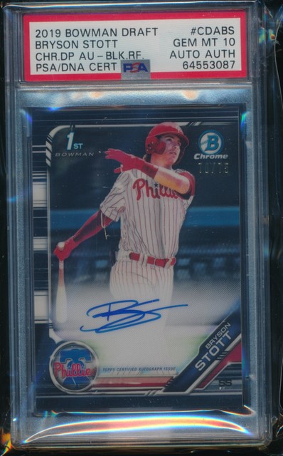 PSA 10 Bryson Stott Auto 1st 2019 Bowman Chrome Black Refractor #/75 RC GEM MINT