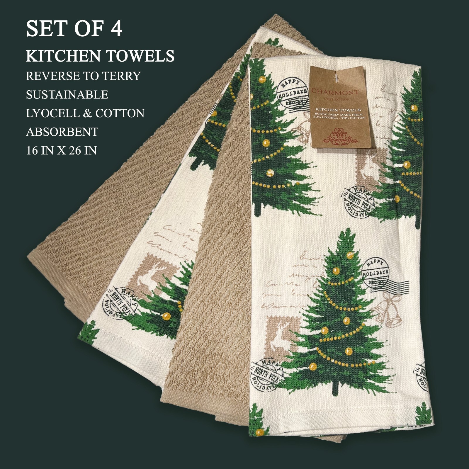 4PK New CHARMONT Reverse Terry Kitchen Towels Christmas Stamps Khaki Green Multi