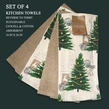 4PK New CHARMONT Reverse Terry Kitchen Towels Christmas Stamps Khaki Green Multi