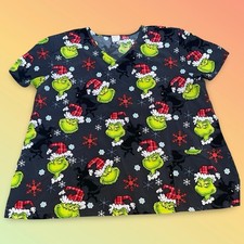 Dr Seuss Grinch Scrub Top 3XL Holiday Plaid Hat Red Snowflake Medical V-Neck