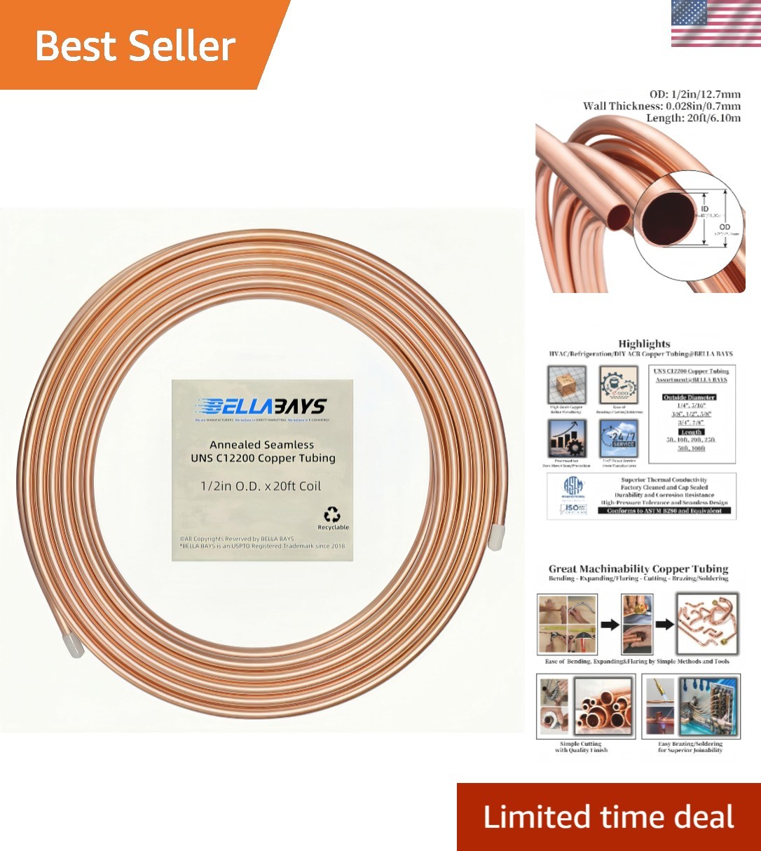 Versatile 20 ft Copper Coil Tubing - 99.9% Pure C12200 for Multiple Uses