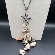 Seashell Starfish Charm Necklace Faux Pearl Silver Tone Coastal Boho Jewelry