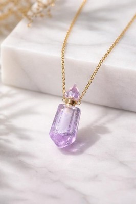 Lavender Amethyst Crystal Perfume Bottle Necklace, Aromatherapy Jewelry