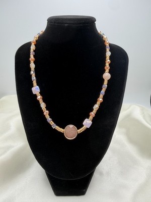 Multicolor Glass Beaded Necklace with Natural Stone Gold Tone Adjustable