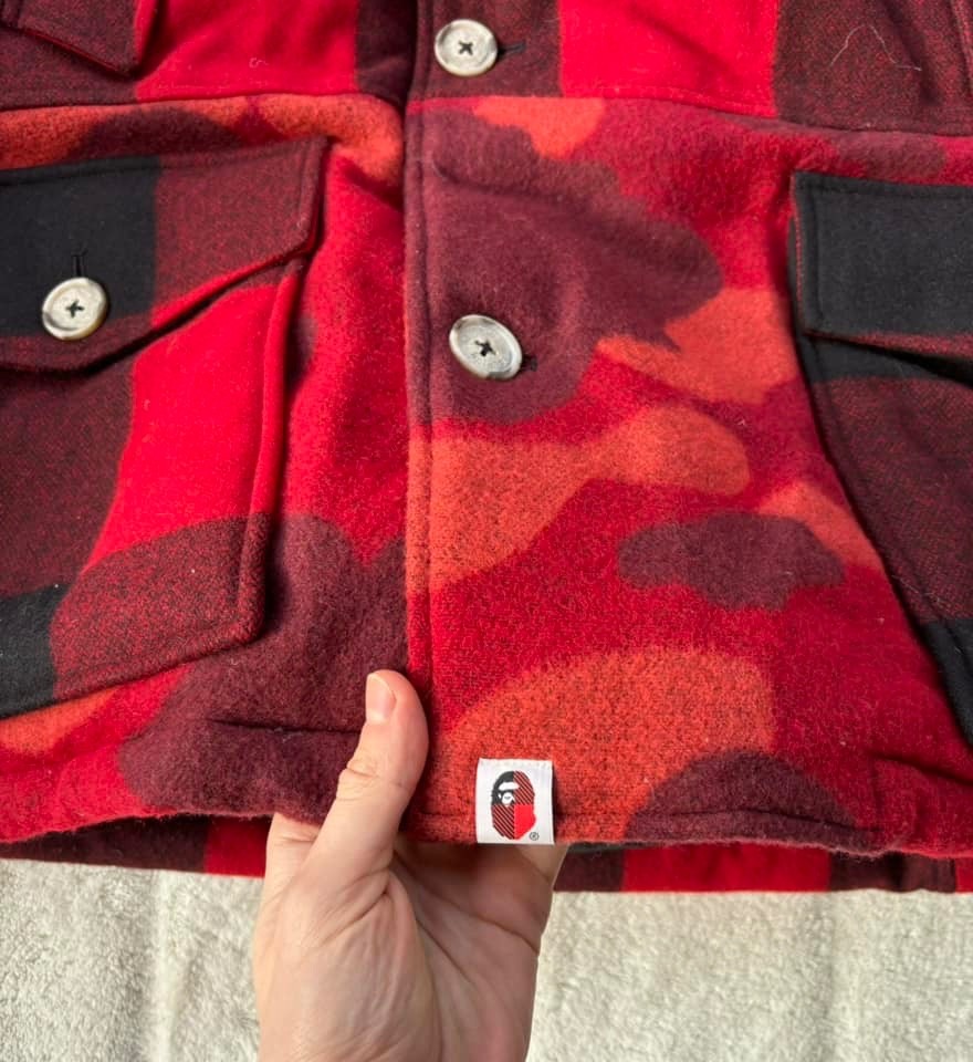 Bape Woolrich Red/Black Plaid Arctic Fur Parka Jacket - $1300 - New - Authentic image 2