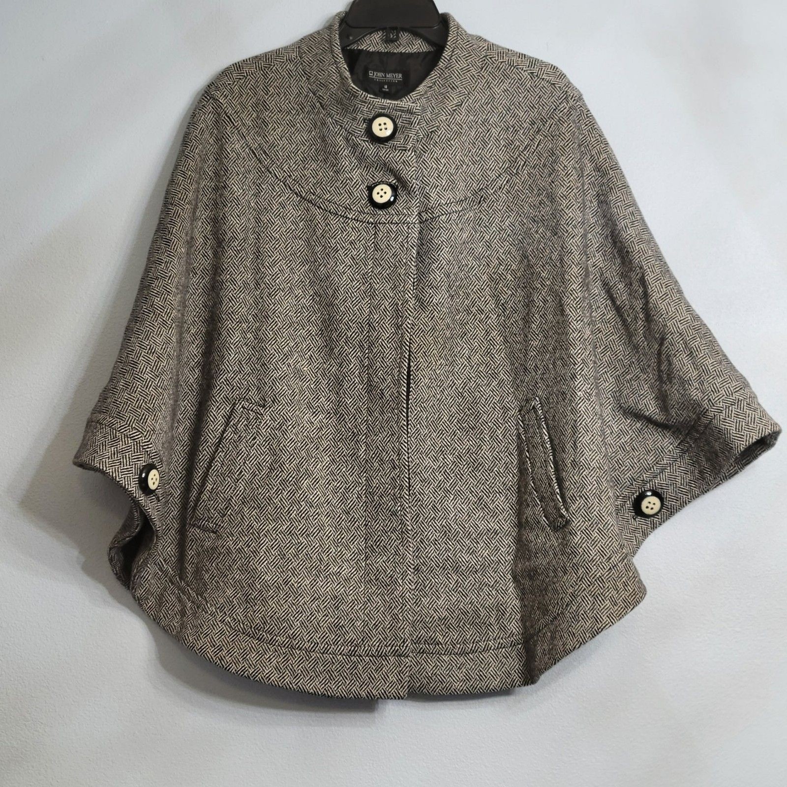 John Meyer Collection Herringbone Wool Blend Cape Coat Poncho Womens Black White
