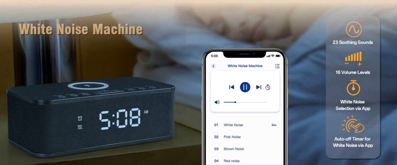 Bluetooth speaker, Wireless Charger, White Noise, Dual Alarm Clock, Radio.