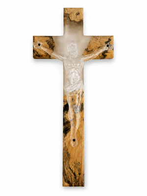 Handcrafted Clear Resin Crucifix Cross 12'' Walnut Burl Wood Christian Wall Decor