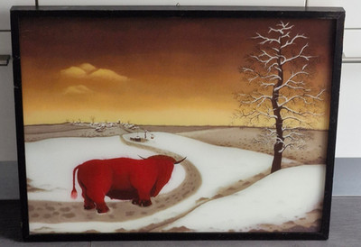 Josip Generalic (1936-2004)''Red Bull in Snowy Landscape'' Perspex