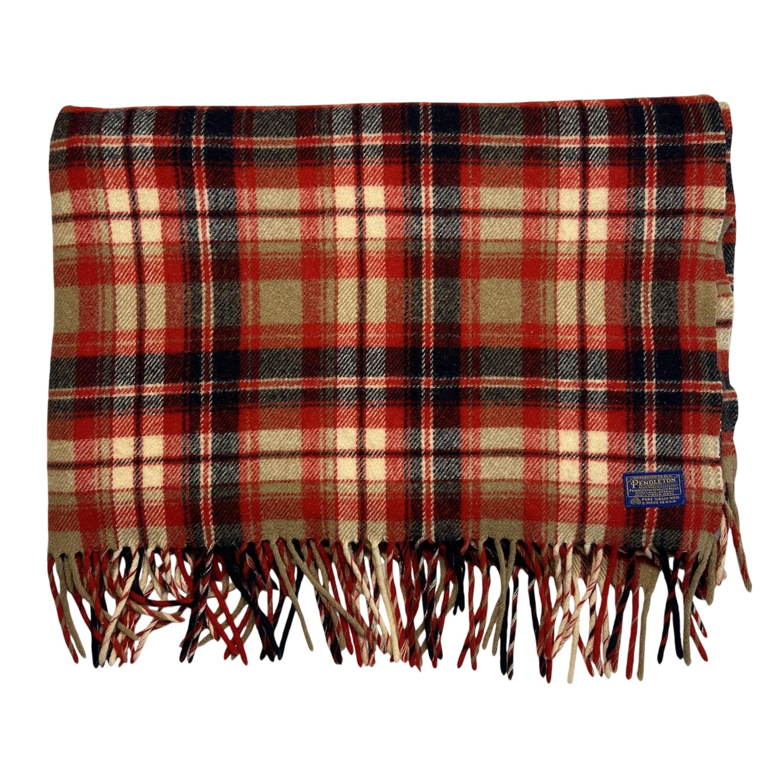 Pendleton red plaid wool throw blanket with fringe