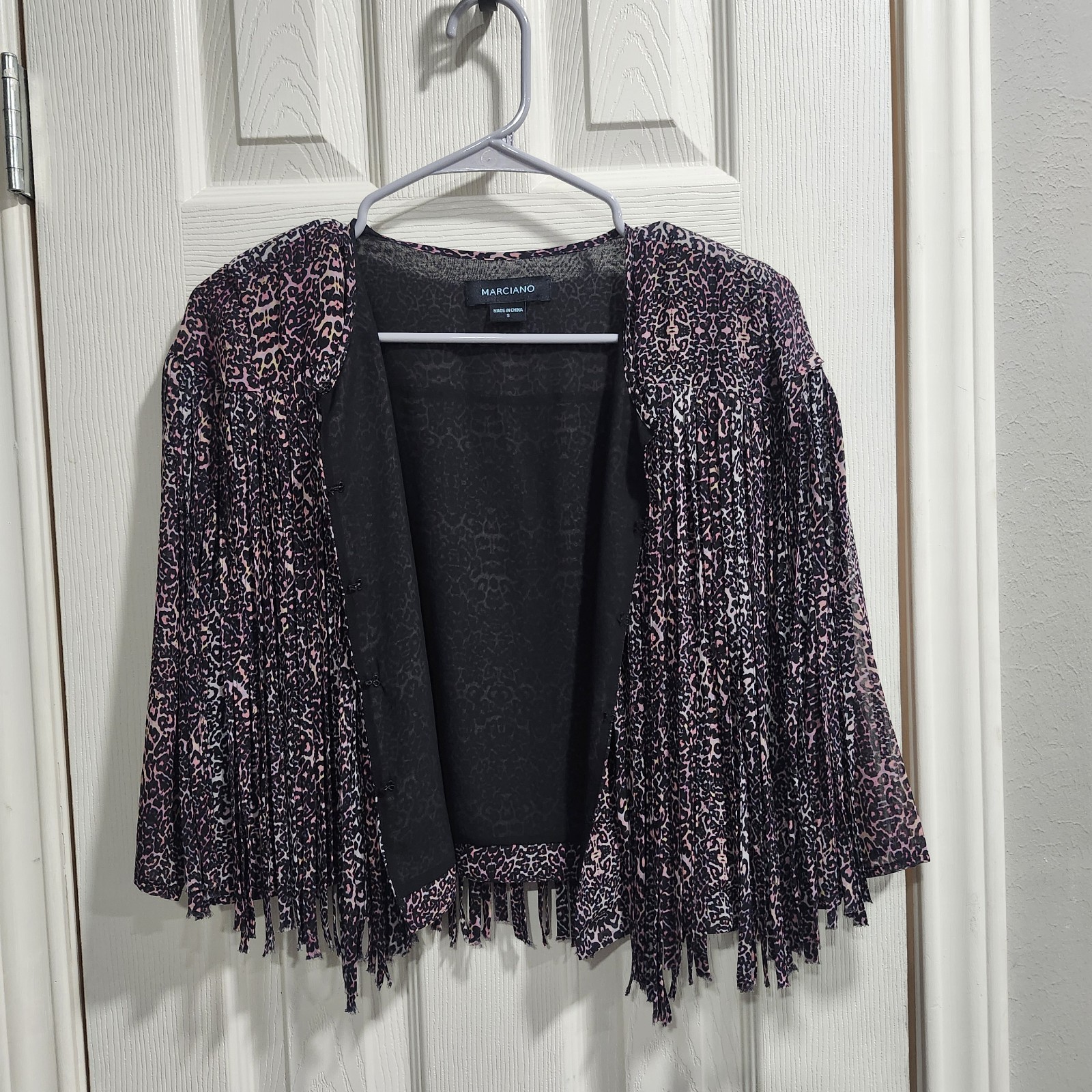 Marciano Fringe Jacket Small Leopard Animal Print Cropped Y2K Glam Bolero