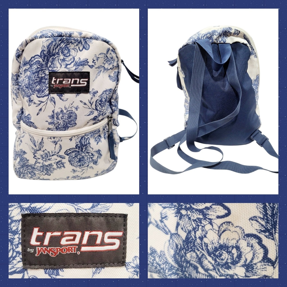 Trans by Jansport Blue/White Floral Chinoiserie Small Backpack Lightweight  Bag | eBay