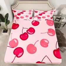 Red Cherry Fitted Sheet Full Size,Tropical Delicious Fruits Sheet Set for Kid...