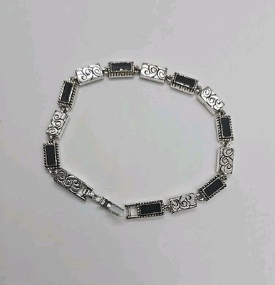 Vintage Napier Silver Tone & Jet Black Bracelet 7.5 , Swirls Stunning Detail(JB)