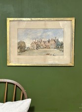 Antique 19th Century Painting, Country House & Dogs Hardwick House, Oxfordshire