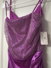 Windsor Women's Purple Satin Bodycon Dress Cowl Neck Rhinestone Short Size M NWT