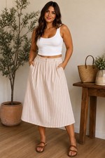 A New Day Linen Blend Striped Midi Skirt L Large Pink Tan White Pockets Casual