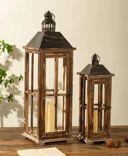 Large Farmhouse Wooden Decorative Lantern Set of 2, Rustic Distressed Brown B...
