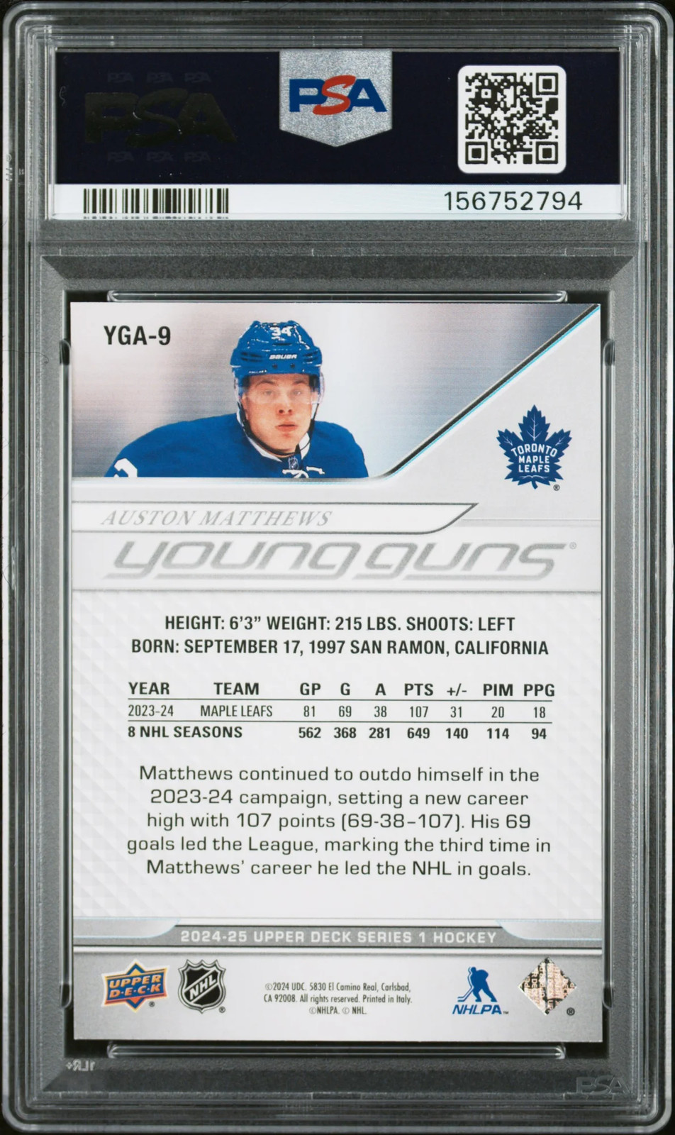 2024-25 Upper Deck Young Guns Achievements Auston Matthews #YGA9 PSA 8 view 2
