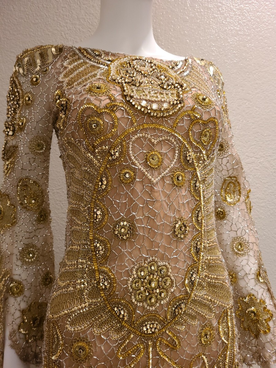 EMILIO PUCCI*NUDE LONG SLEEVE GOLD BEADED SKULL FACE DRESS | eBay