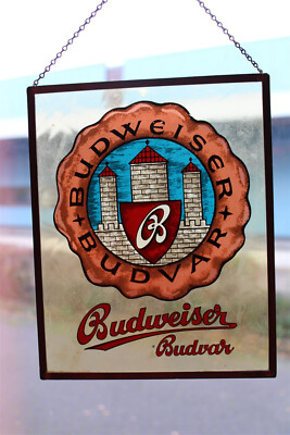 Budweiser Budvar Glasschild Fensterbild bleiverglast wohl 60er JAHRE  - 20x25 cm