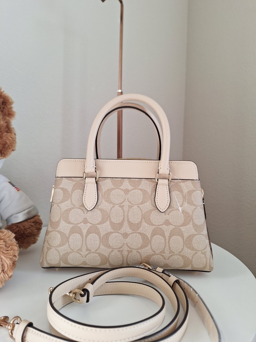 COACH Mini Darcie Carryall Blocked Signature Canvas Kahki/Chalk